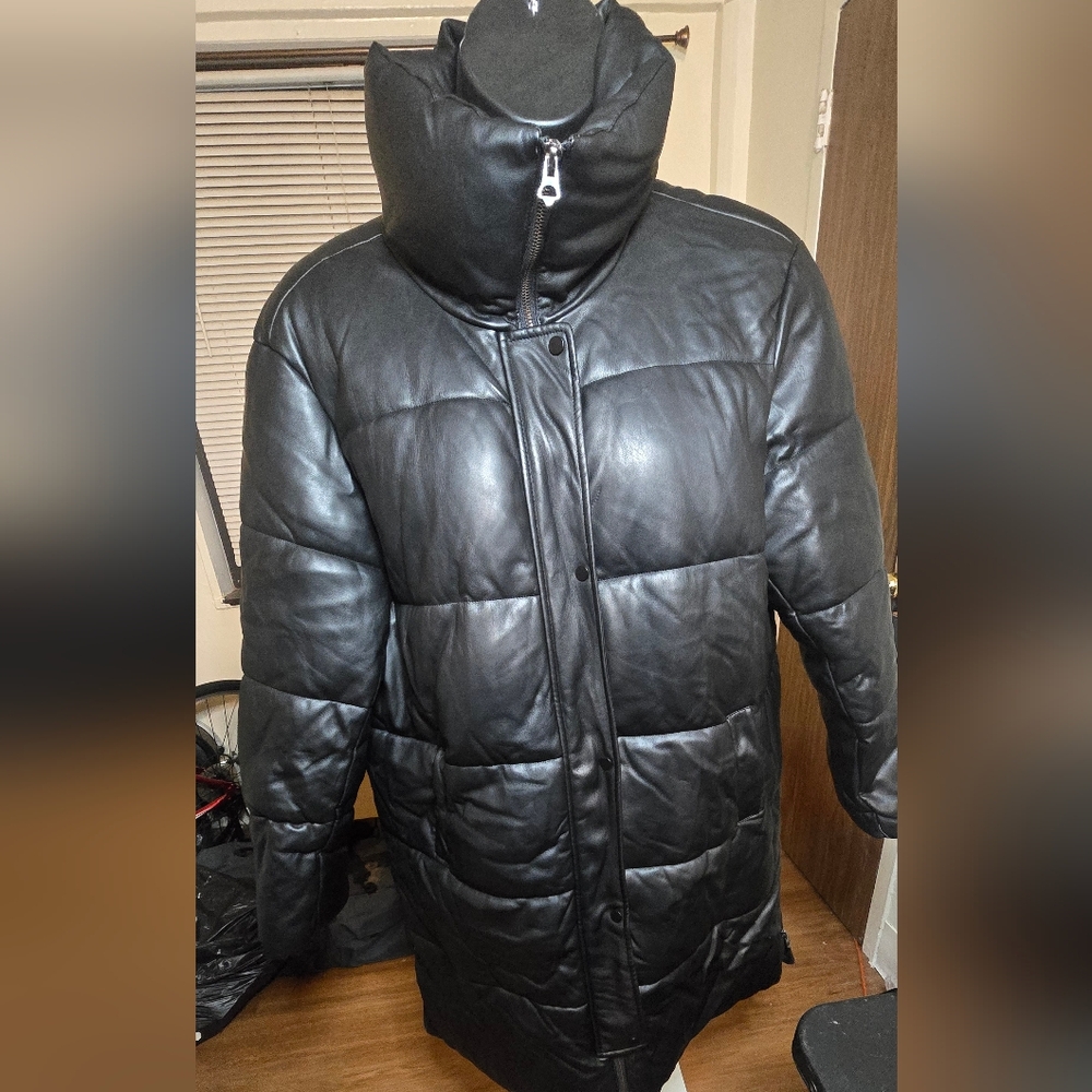 Womens Faux Leather Black Puffer Coat
